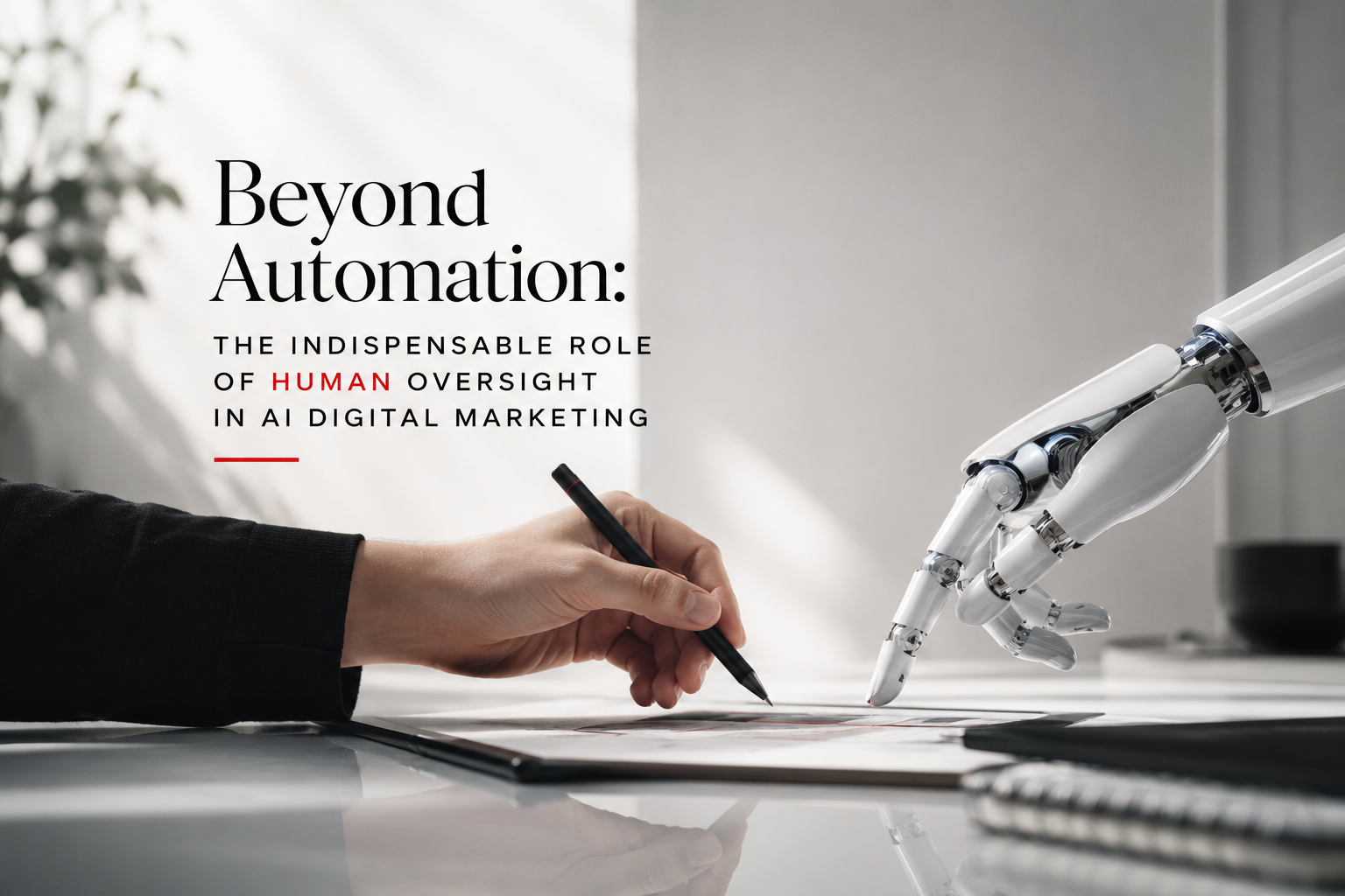 Human and robotic hands reviewing a digital marketing plan, illustrating the need for human oversight in AI automation.